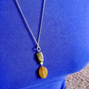 23" Silver Tone Chrysocolla Pendant Glass Necklace